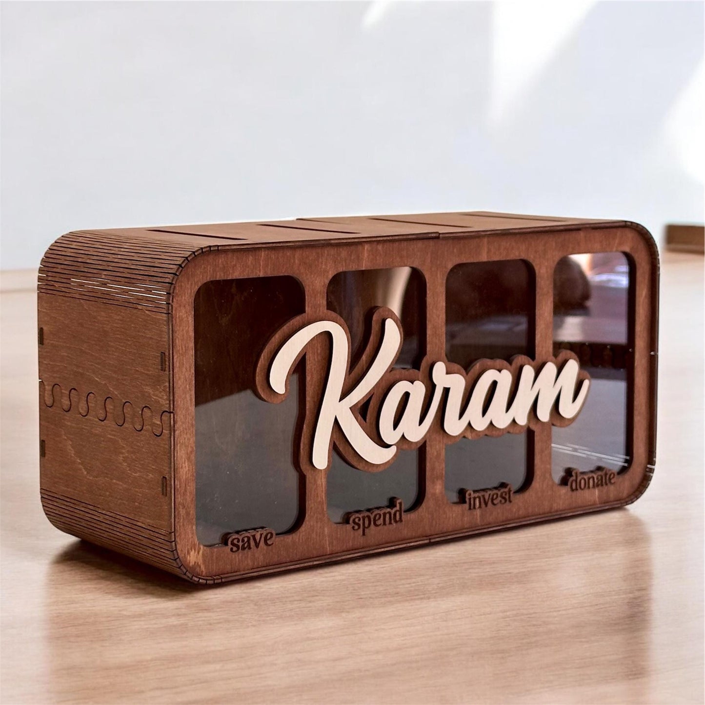 Kids Wooden Piggy Bank Save Spend Invest Donate, 4 Slot Money Box, Financial Education Toy, Montessori Savings Bank