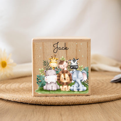 Personalized Wooden Piggy Bank: Floral Animal Design, Baptism Gift