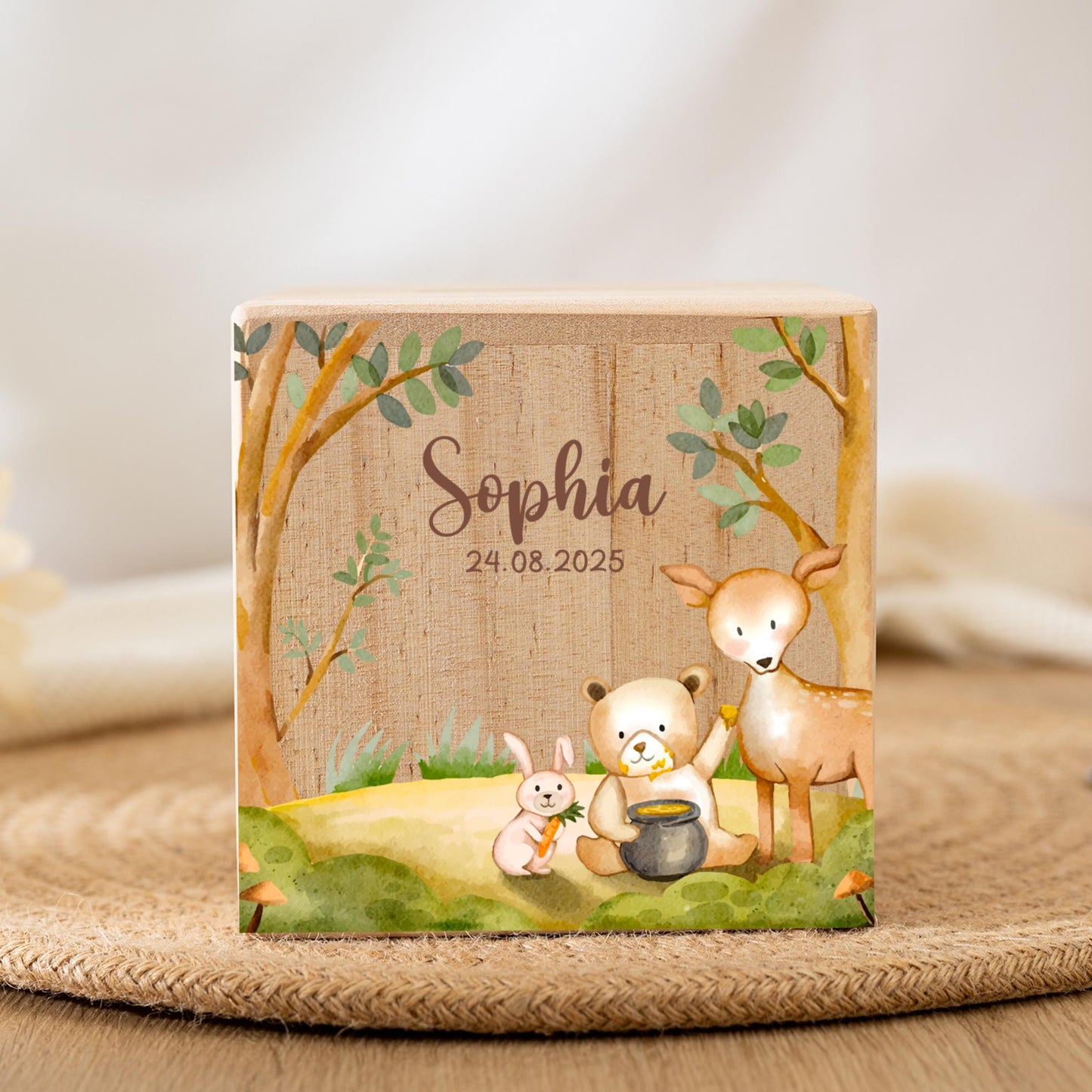 Personalized Wooden Piggy Bank: Floral Animal Design, Baptism Gift