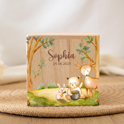 Personalized Wooden Piggy Bank: Floral Animal Design, Baptism Gift