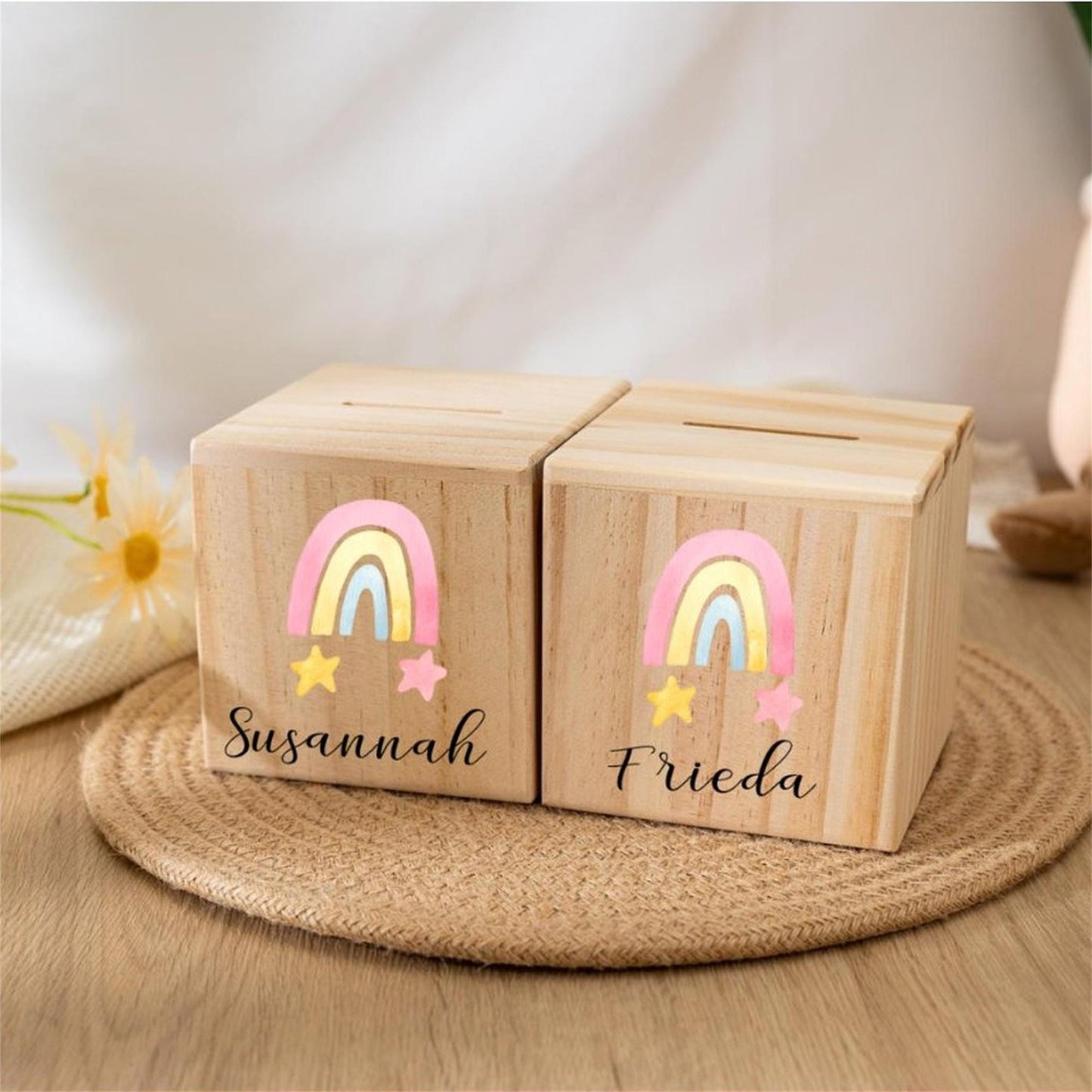 Personalized Child Money Box,Name Piggy Bank for Children,Rainbow Wooden Money Box,Baby Birthday Gift,Baptism Gift,Christmas Gift for Kids