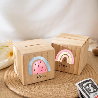 Personalized Child Money Box,Name Piggy Bank for Children,Rainbow Wooden Money Box,Baby Birthday Gift,Baptism Gift,Christmas Gift for Kids
