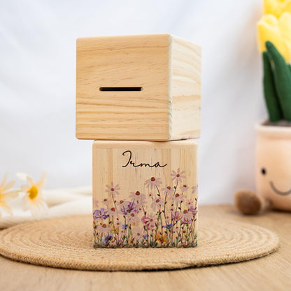 Money Box Personalized,Money Box Flowers,Piggy Bank for Kids,Coin Bank,Cash Box Wood,Baptism Gift,Savings Bank,Baby Shower Gift,Christmas