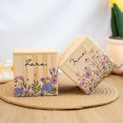 Money Box Personalized,Money Box Flowers,Piggy Bank for Kids,Coin Bank,Cash Box Wood,Baptism Gift,Savings Bank,Baby Shower Gift,Christmas