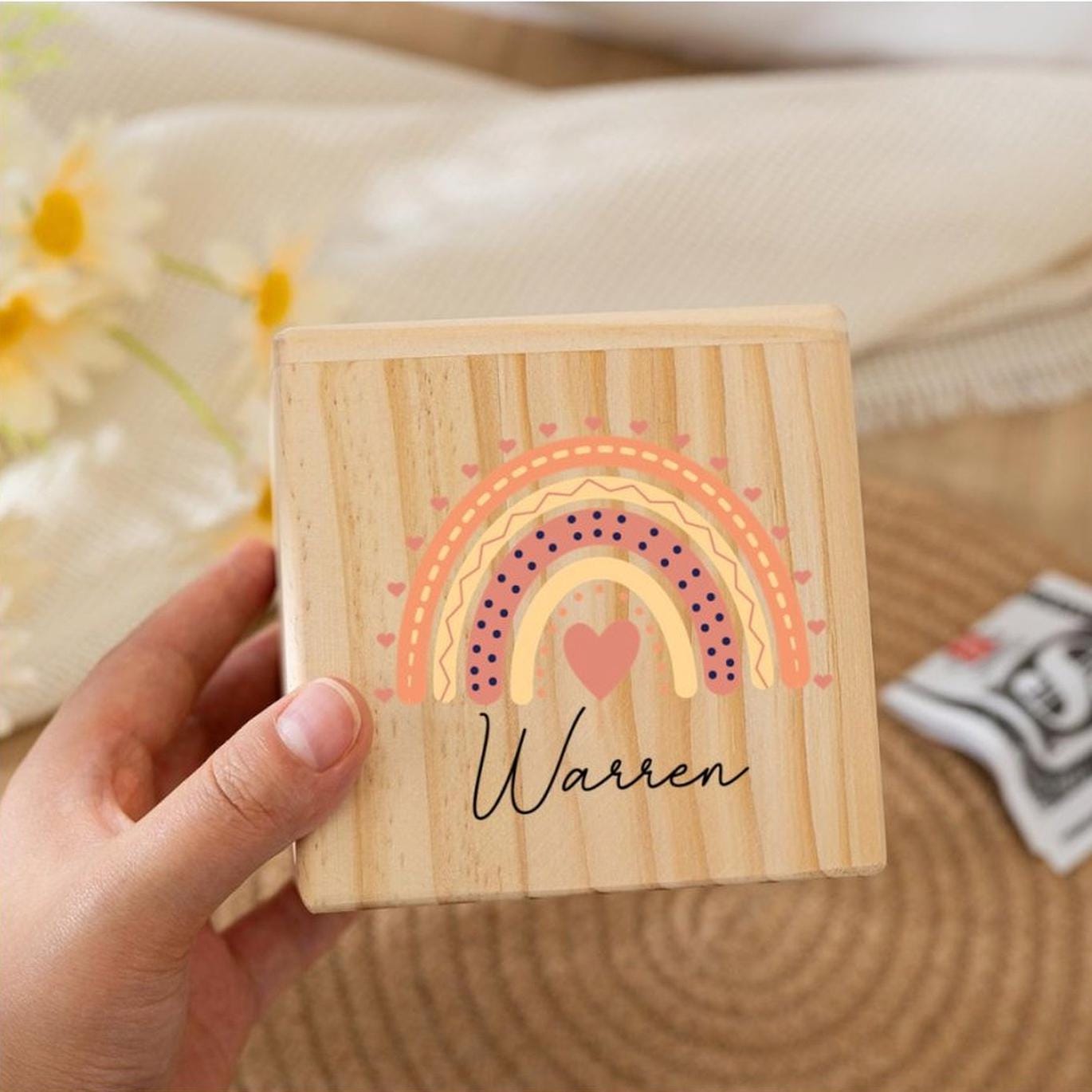 Personalized Rainbow Wooden Piggy Bank: Custom Name Coin Bank