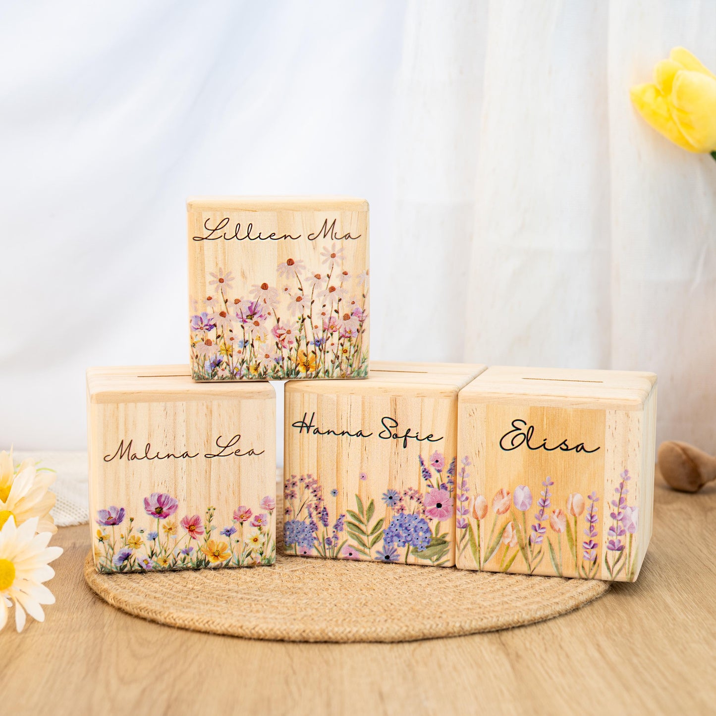 Personalized Child Money Box,Custom Name Piggy Bank for Children,Wood FlowerMoney Box,Christening Gifts,Easter Gifts,Birthday Gift for Kids