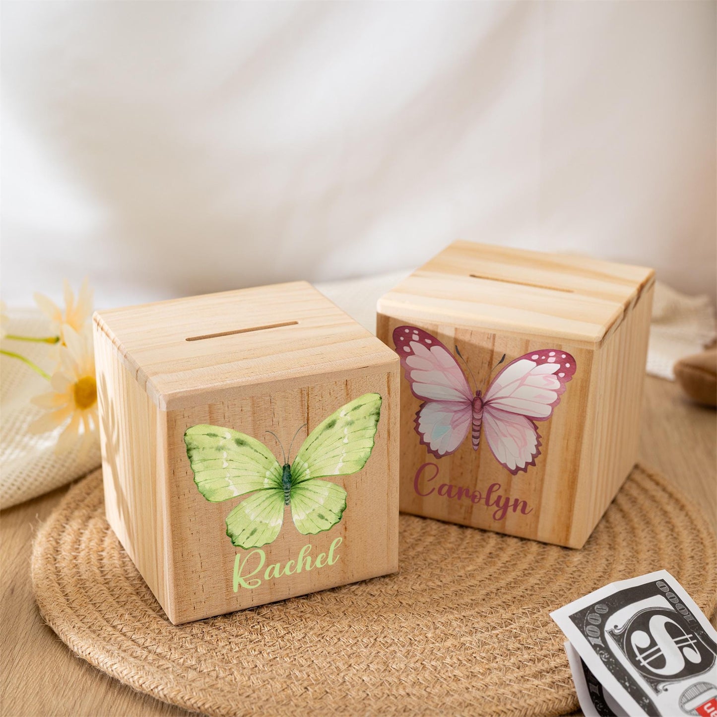 Personalised Butterfly Wooden Piggy Bank,Custom Name Money Box,Kids Coin Bank,Cash Box for Child,Birthday Gift,Back to School Savings