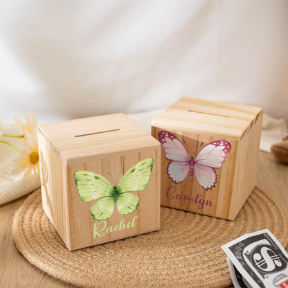 Personalized Wooden Piggy Bank with Butterfly: Custom Baby Girl Gift