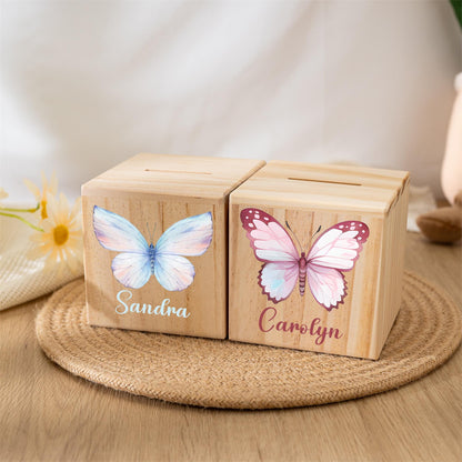 Personalized Wooden Piggy Bank with Butterfly: Custom Baby Girl Gift