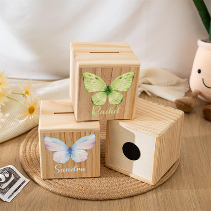 Personalised Butterfly Wooden Piggy Bank,Custom Name Money Box,Kids Coin Bank,Cash Box for Child,Birthday Gift,Back to School Savings