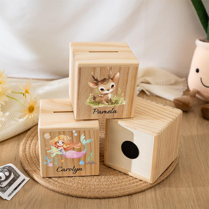 Personalised Kids Wooden Piggy Bank,Custom Name Money Box,Cute Animal Print Coin Bank,Baby Shower Gift,Birthday Gift for Boys & Girls