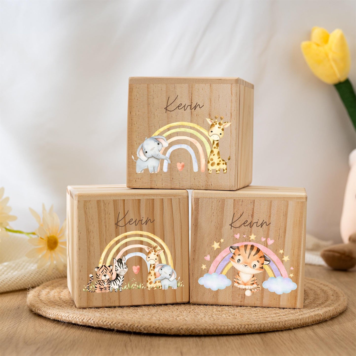 Personalized Rainbow Wooden Piggy Bank: Custom Kids Name Money Box