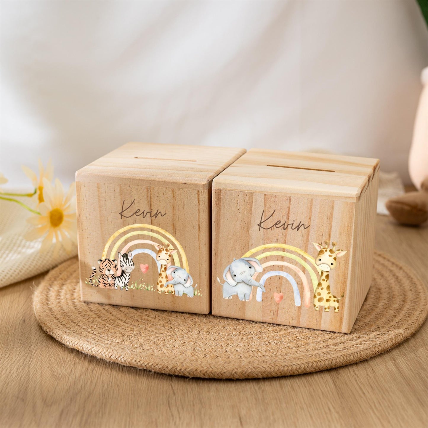 Personalized Rainbow Wooden Piggy Bank: Custom Kids Name Money Box