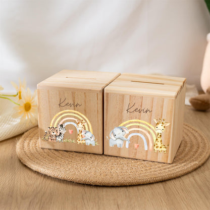 Personalized Rainbow Wooden Piggy Bank: Custom Kids Name Money Box