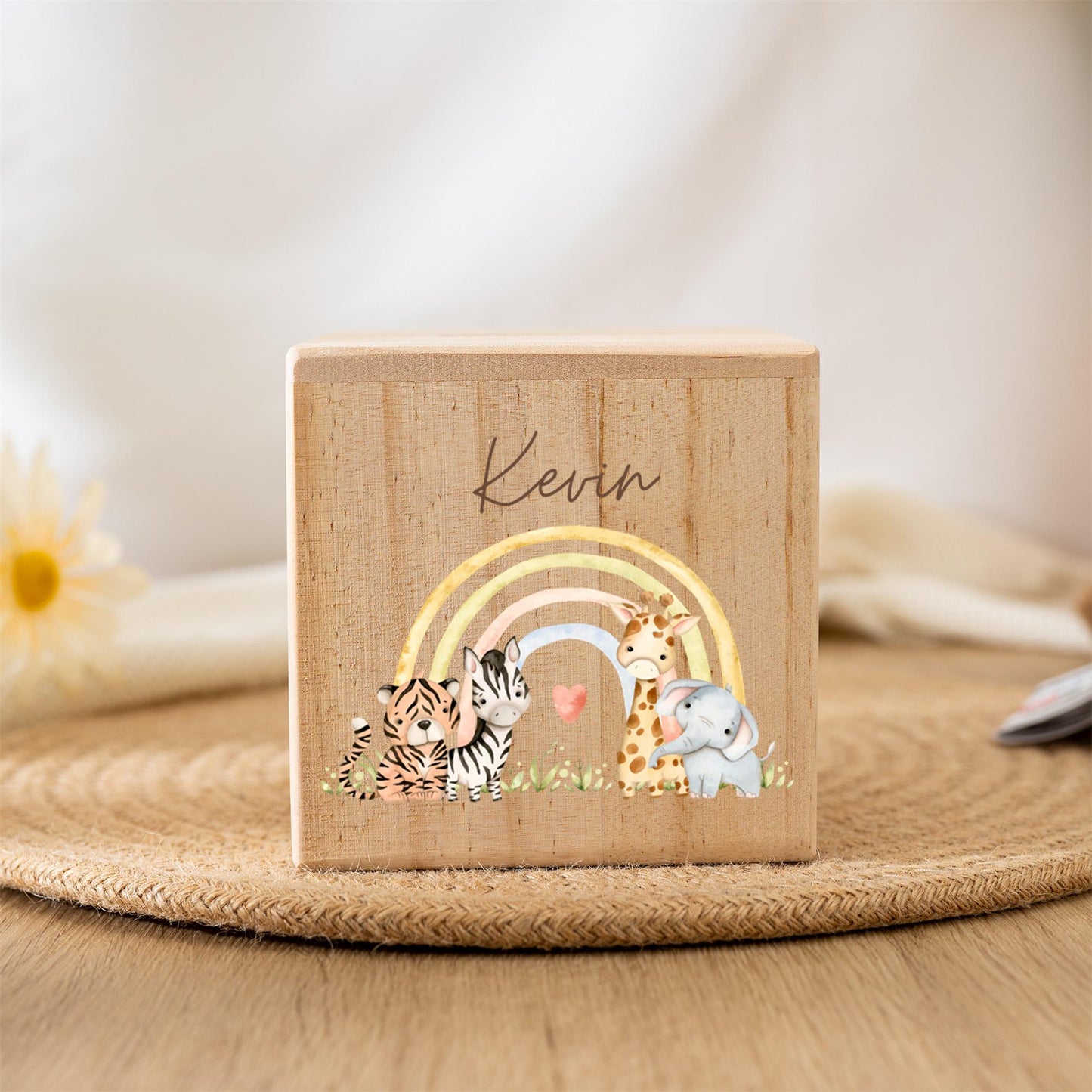 Personalized Rainbow Wooden Piggy Bank: Custom Kids Name Money Box