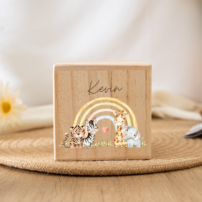 Personalized Rainbow Wooden Piggy Bank: Custom Kids Name Money Box