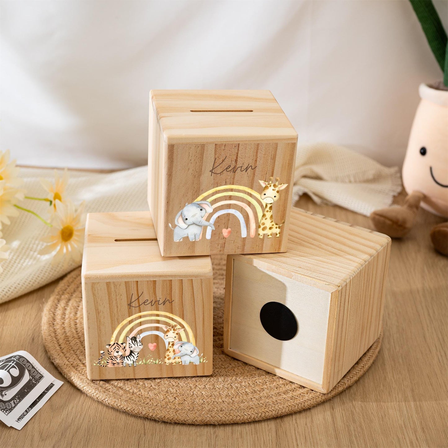 Personalized Rainbow Wooden Piggy Bank: Custom Kids Name Money Box