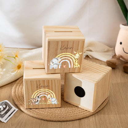 Personalized Rainbow Wooden Piggy Bank: Custom Kids Name Money Box