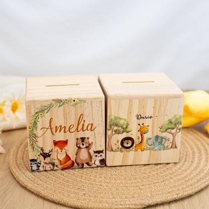 Custom Baby Money Box,Personalized Animal Piggy Bank,Children Wooden Money Box with Name,Cash Box for Child, Baby Boy Baby Shower,Baptism
