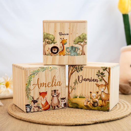 Custom Baby Money Box,Personalized Animal Piggy Bank,Children Wooden Money Box with Name,Cash Box for Child, Baby Boy Baby Shower,Baptism