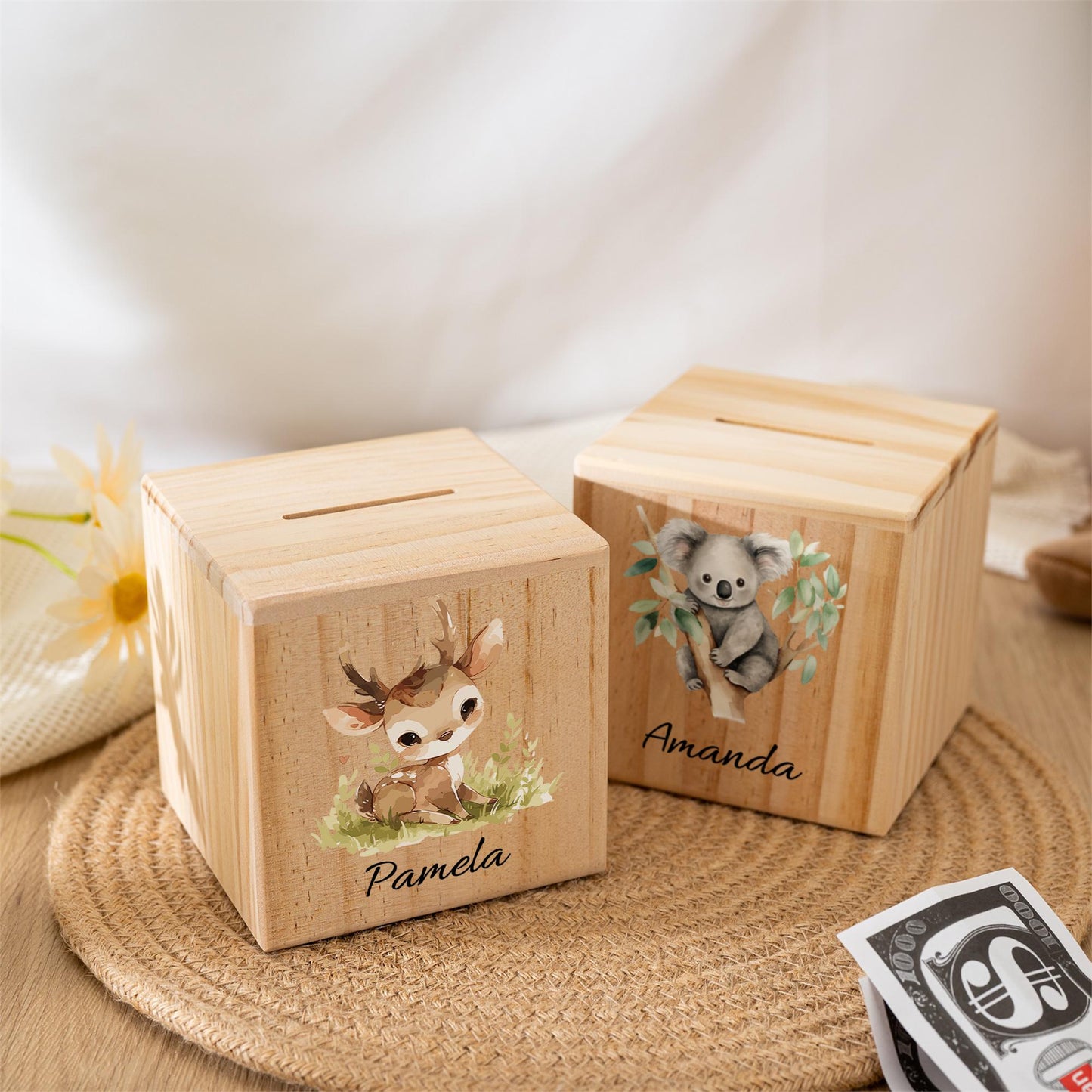 Personalised Kids Wooden Piggy Bank,Custom Name Money Box,Cute Animal Print Coin Bank,Baby Shower Gift,Birthday Gift for Boys & Girls