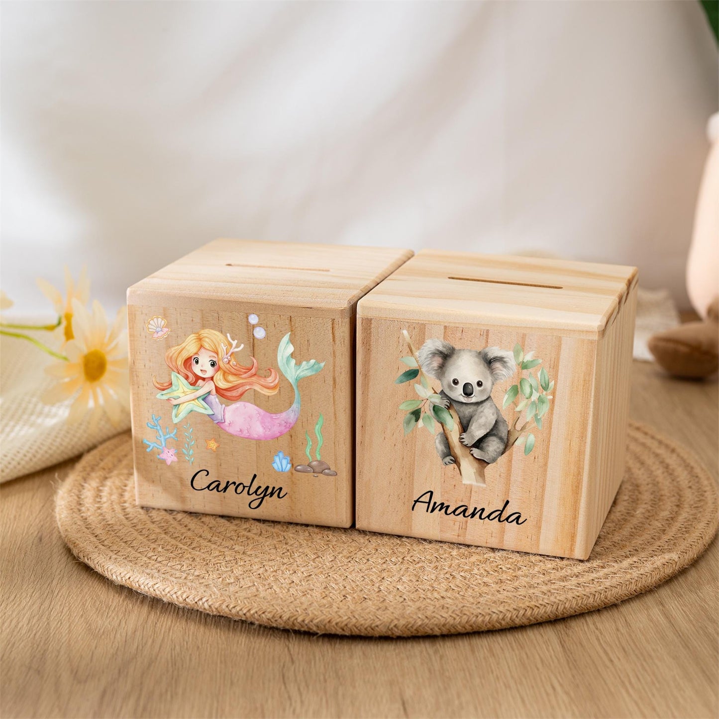 Personalised Kids Wooden Piggy Bank,Custom Name Money Box,Cute Animal Print Coin Bank,Baby Shower Gift,Birthday Gift for Boys & Girls