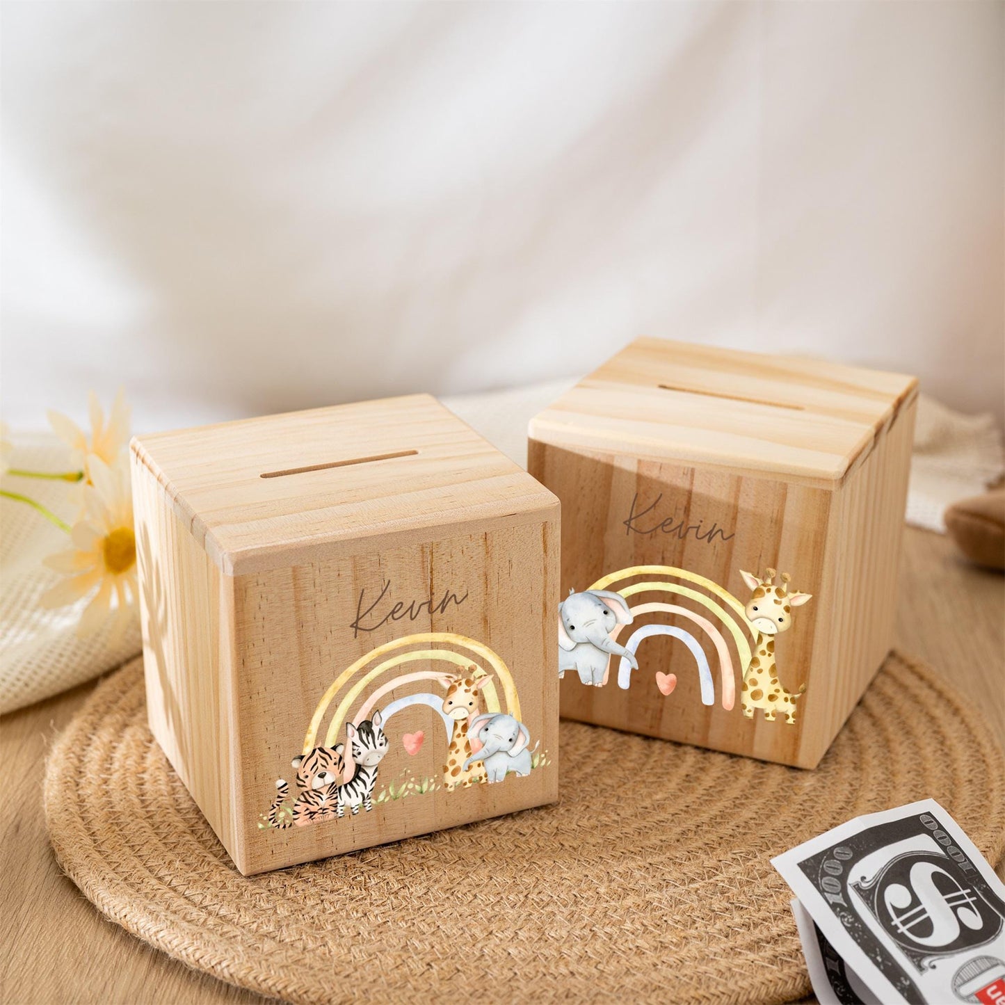 Personalized Rainbow Wooden Piggy Bank: Custom Kids Name Money Box