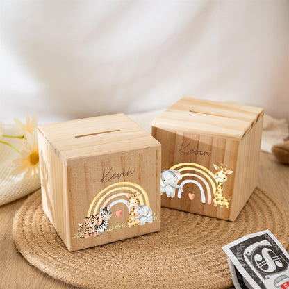 Personalized Rainbow Wooden Piggy Bank: Custom Kids Name Money Box