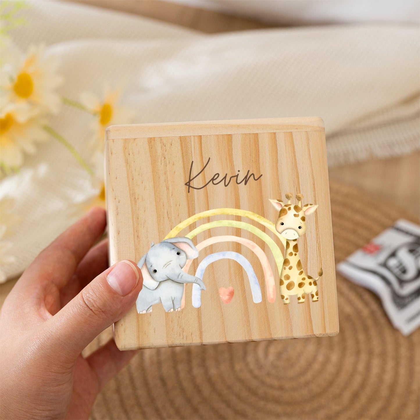 Personalized Rainbow Wooden Piggy Bank: Custom Kids Name Money Box