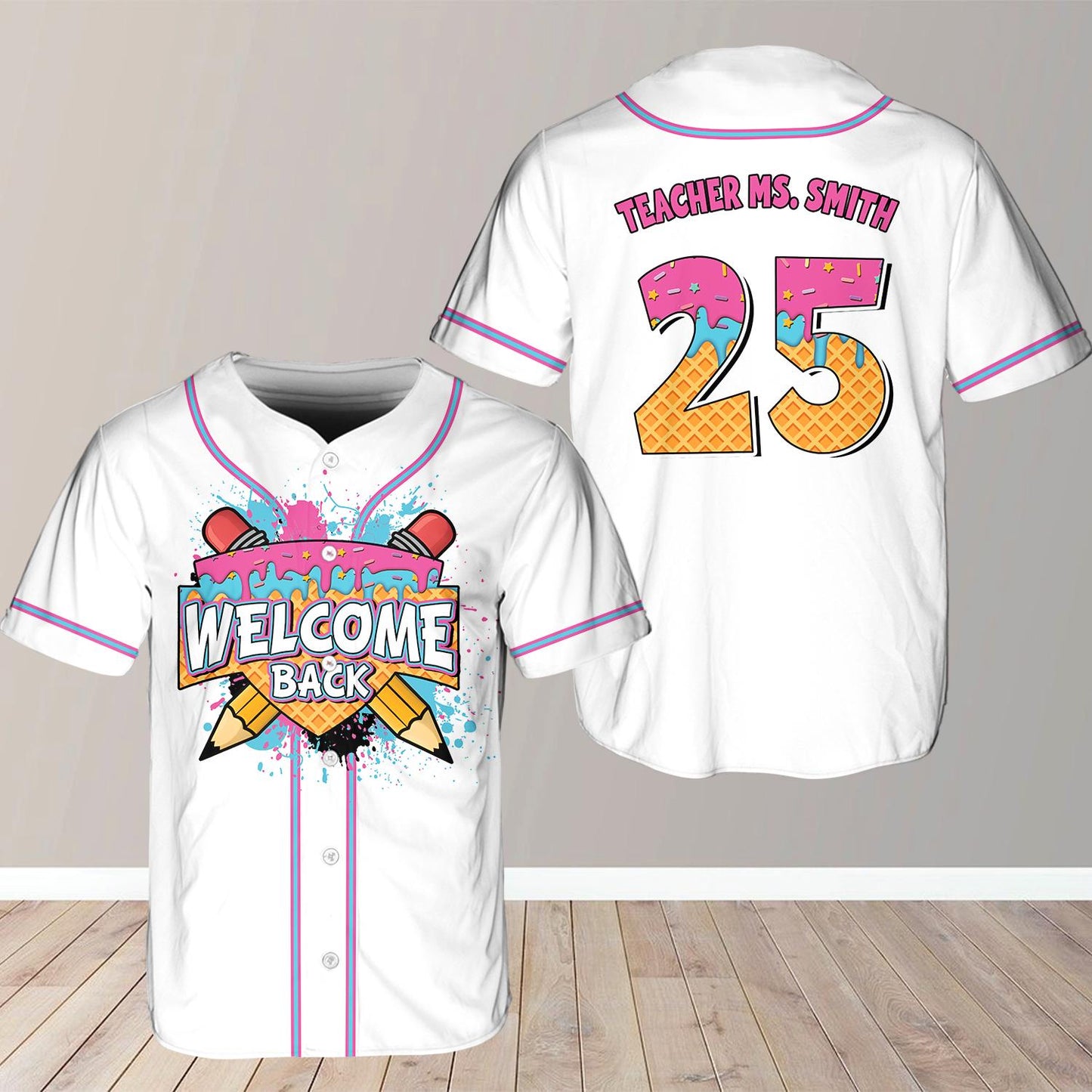 Welcome Back Shirt, Back to School Baseball Jersey, Teacher Ice Cream Shirt, Custom Name Number Top, First Day Outfit, Classroom Gift | KW84