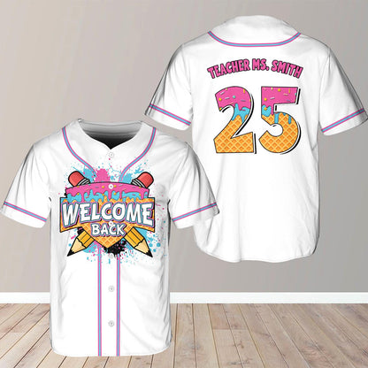 Welcome Back Shirt, Back to School Baseball Jersey, Teacher Ice Cream Shirt, Custom Name Number Top, First Day Outfit, Classroom Gift | KW84