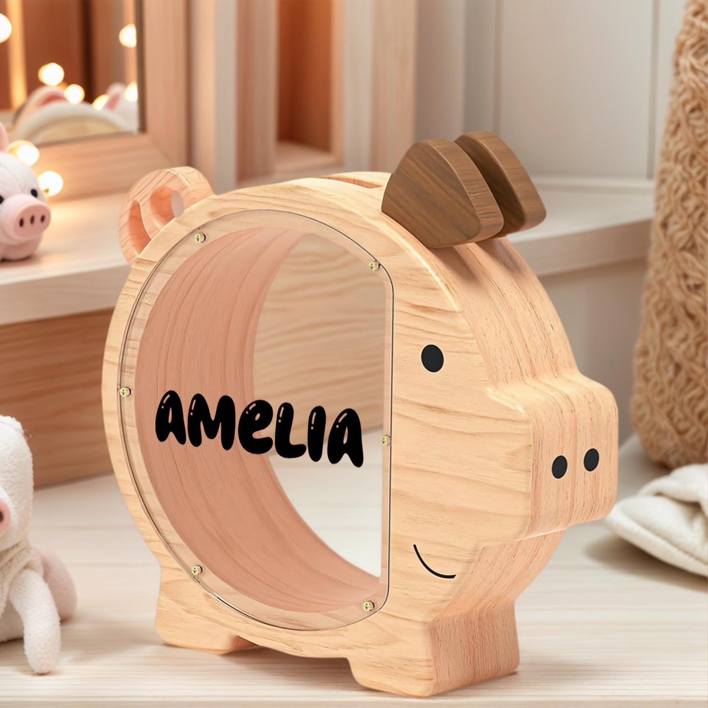 Personalized Large Wooden Kids Pig Piggy Bank, Wood Gift For Kids, Custom Name Coin Bank, Wooden Piggy Bank Money Box Birthday, Xmas Gifts