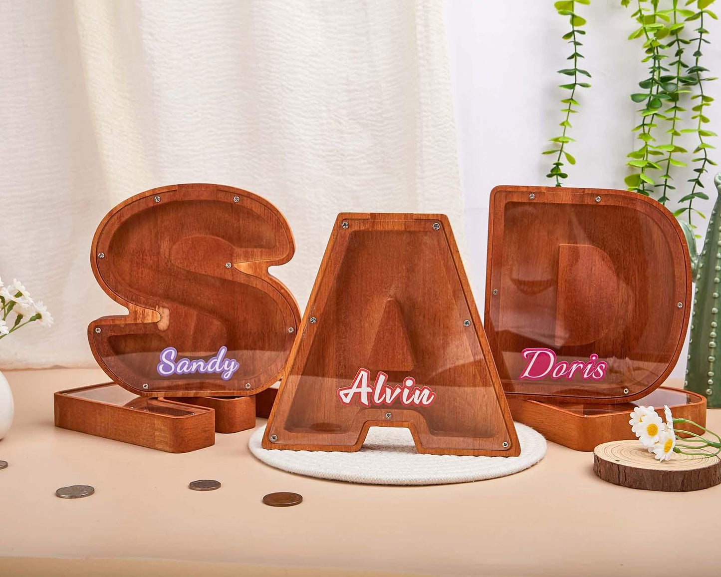 Personalized Letter Name Piggy Bank,Custom Wooden Initial Coin Bank, Kids Keepsake,Wooden Money Box,Name Piggy Bank,Gift for Child