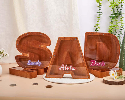 Alphabet Initial Letter Bank,Personalized Letter Name Piggy Bank,Custom Wooden Initial Coin Bank, Kids Keepsake,Wooden Money Box