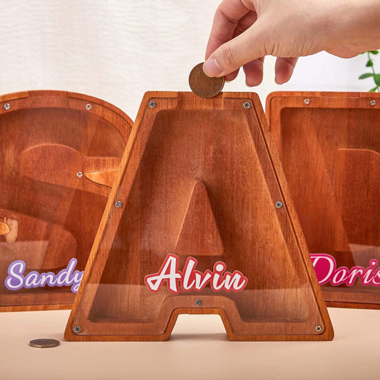 Personalized Letter Name Piggy Bank,Custom Wooden Initial Coin Bank, Kids Keepsake,Wooden Money Box,Name Piggy Bank,Gift for Child