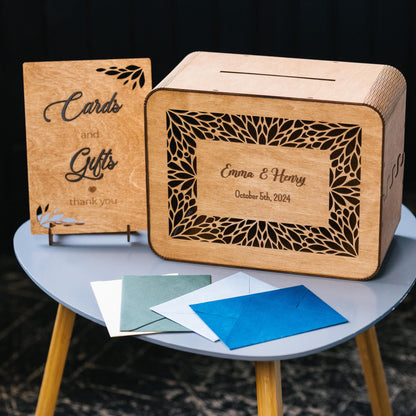 Personalized Wooden Wedding Card Box with Slot: Rustic Decor