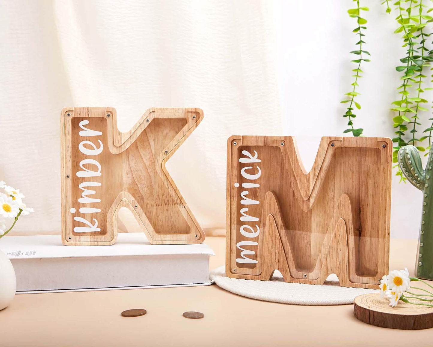 Personalized Letter Piggy Bank,Custom Name Coin Bank,Kids Girl Boy Birthday Gift, Handmade Wooden Nursery Decor, Unique Baby Shower gift