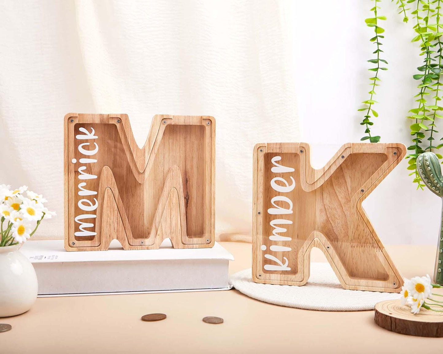 Personalized Letter Piggy Bank,Custom Name Coin Bank,Kids Girl Boy Birthday Gift, Handmade Wooden Nursery Decor, Unique Baby Shower gift