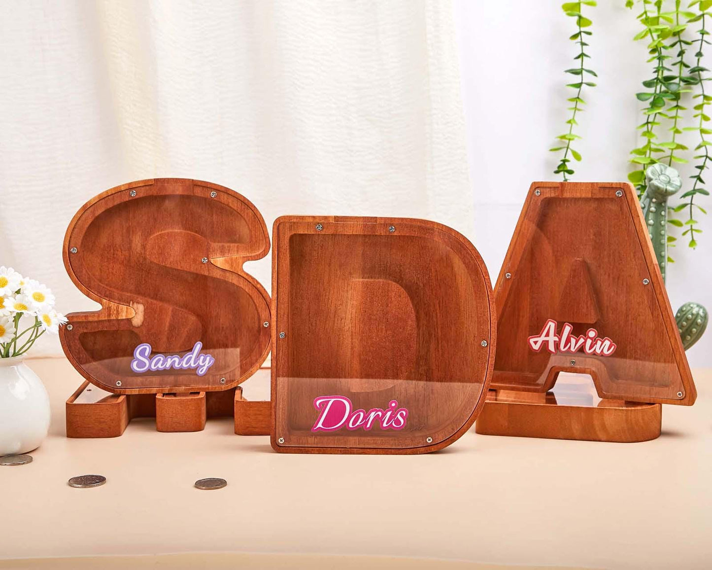 Custom Initial Coin Bank with Name,Personalized Name Piggy Bank, Wood Gift For Kids,Wooden Piggy Bank,Neutral Baby Shower Gift