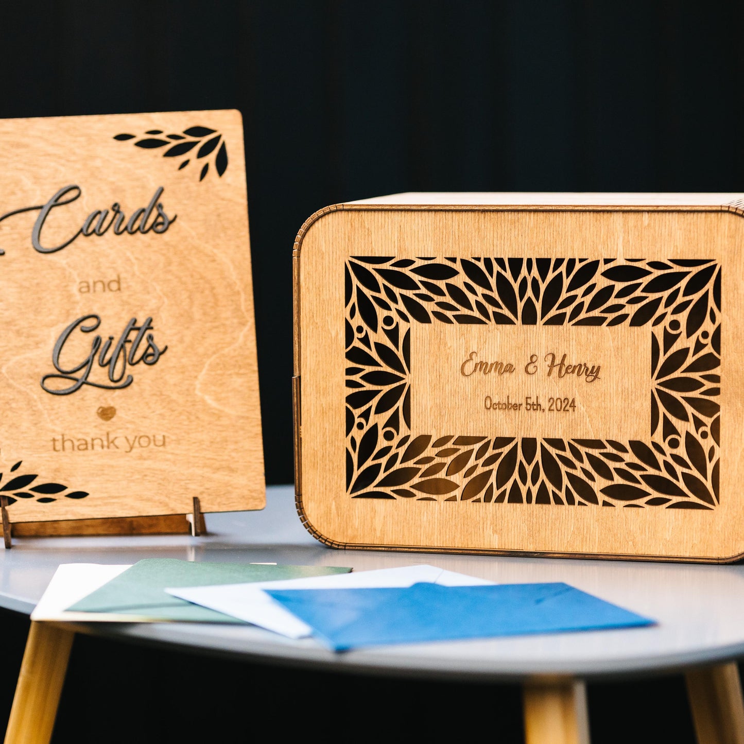 Personalized Wooden Wedding Card Box: Engraved Modern Rustic Reception Decor