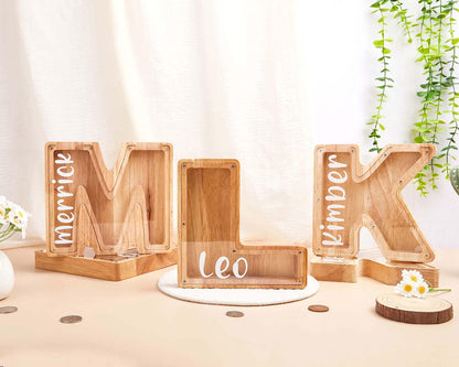 Custom initial Piggy Bank With Engraved Name for Kids and Adults Letter Piggy Bank Nursery Decor Wooden Christmas Kids Gif