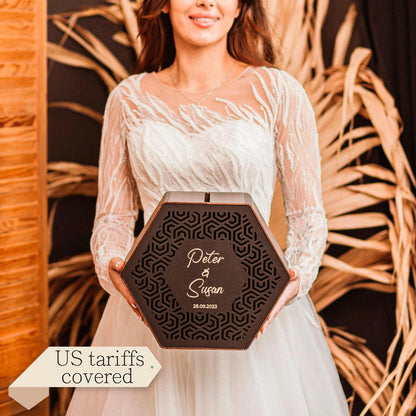 Personalized Hexagon Wedding Card Box: Engraved Wooden Advice Box for Couple