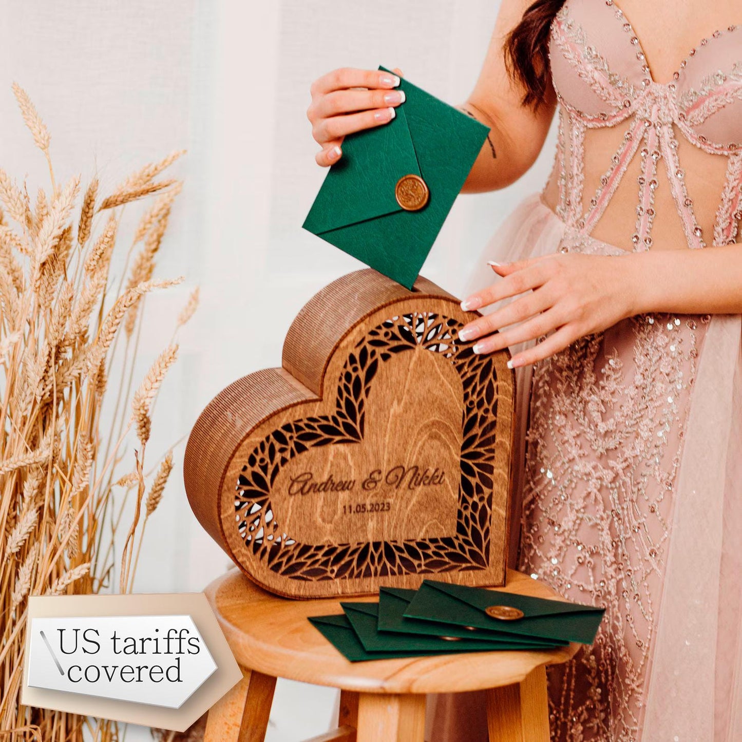 Personalized Heart Wedding Card Box: Rustic Wooden Gift