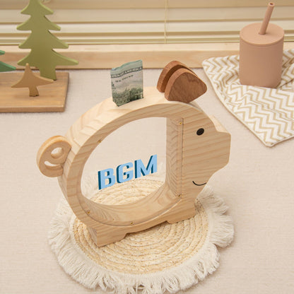 Custom Name Kids Pig Piggy Bank, Personalized Toddler Wooden Money Box, Back to School & Birthday Gift for Children