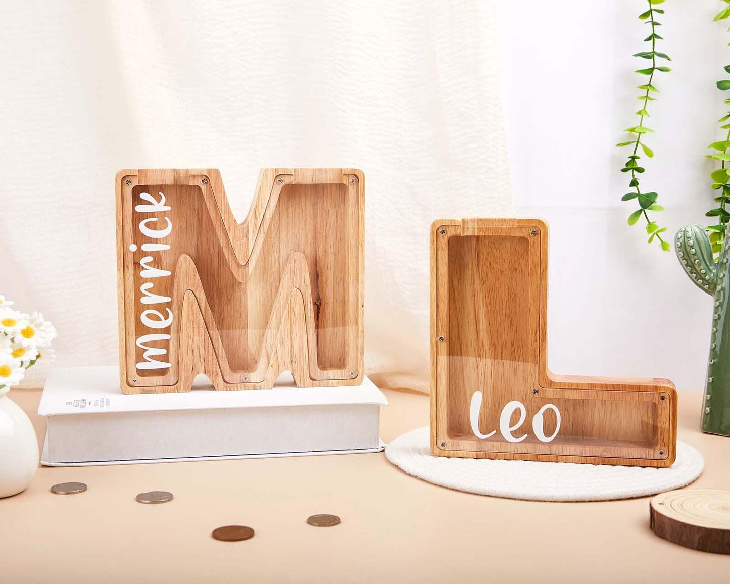 Custom initial Piggy Bank With Engraved Name for Kids and Adults Letter Piggy Bank Nursery Decor Wooden Christmas Kids Gif