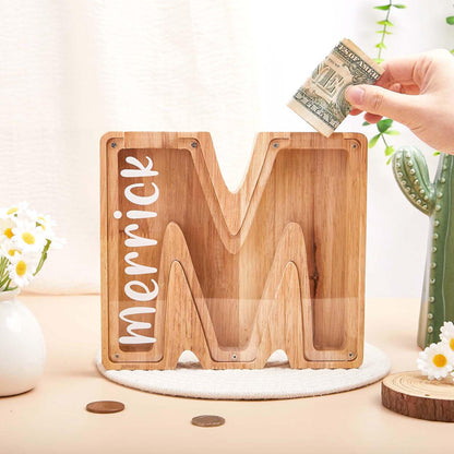 Custom initial Piggy Bank With Engraved Name for Kids and Adults Letter Piggy Bank Nursery Decor Wooden Christmas Kids Gif