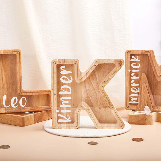 Custom initial Piggy Bank With Engraved Name for Kids and Adults Letter Piggy Bank Nursery Decor Wooden Christmas Kids Gif