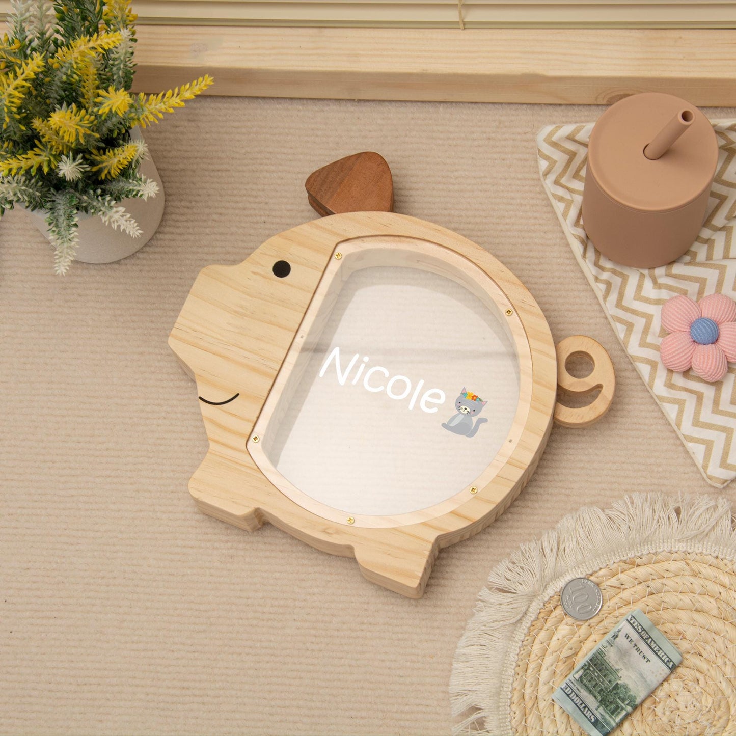 Custom Wooden Piggy Bank with Name, Personalized Coin Bank for Boys and Girls, Kids Birthday & Baby Shower Gift, Toddler Cash Box