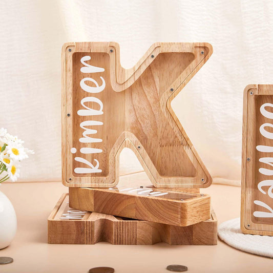 Custom Name Coin Bank,Personalized Large Wooden Kids Letter Piggy Bank, Wood Gift For Kids,Wood Alphabet Letter Bank Money Box Birthday