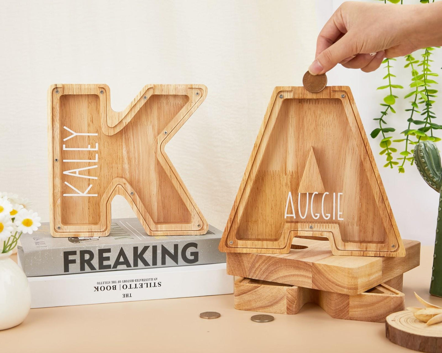 Letter Coin Bank for Kids,Wooden Bank,Wooden Piggy Bank,Personalized Gift for Children,Grandchild Gift,Gift for Kids,Wood Piggy Bank